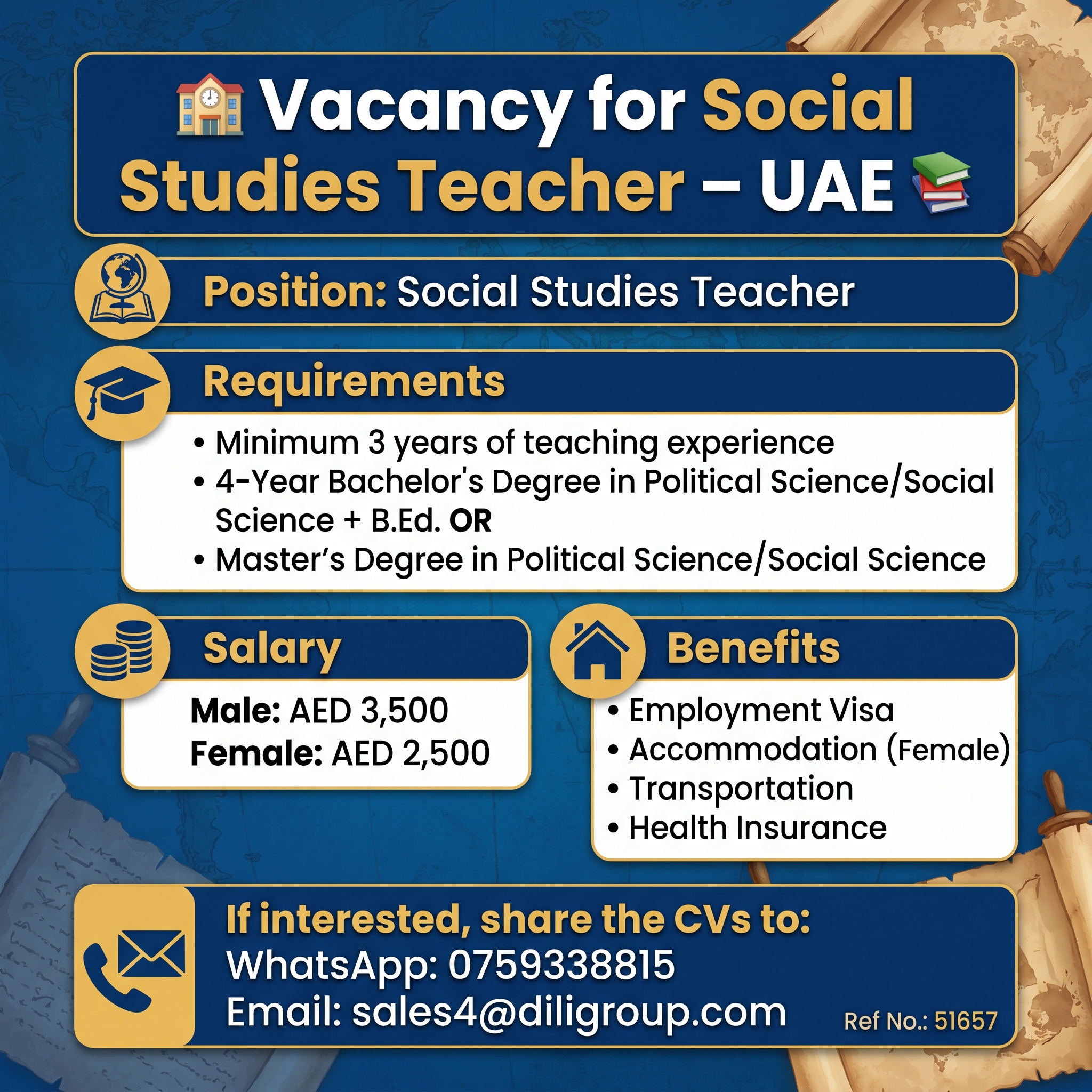 Vacancy for Social Studies Teacher – UAE job image