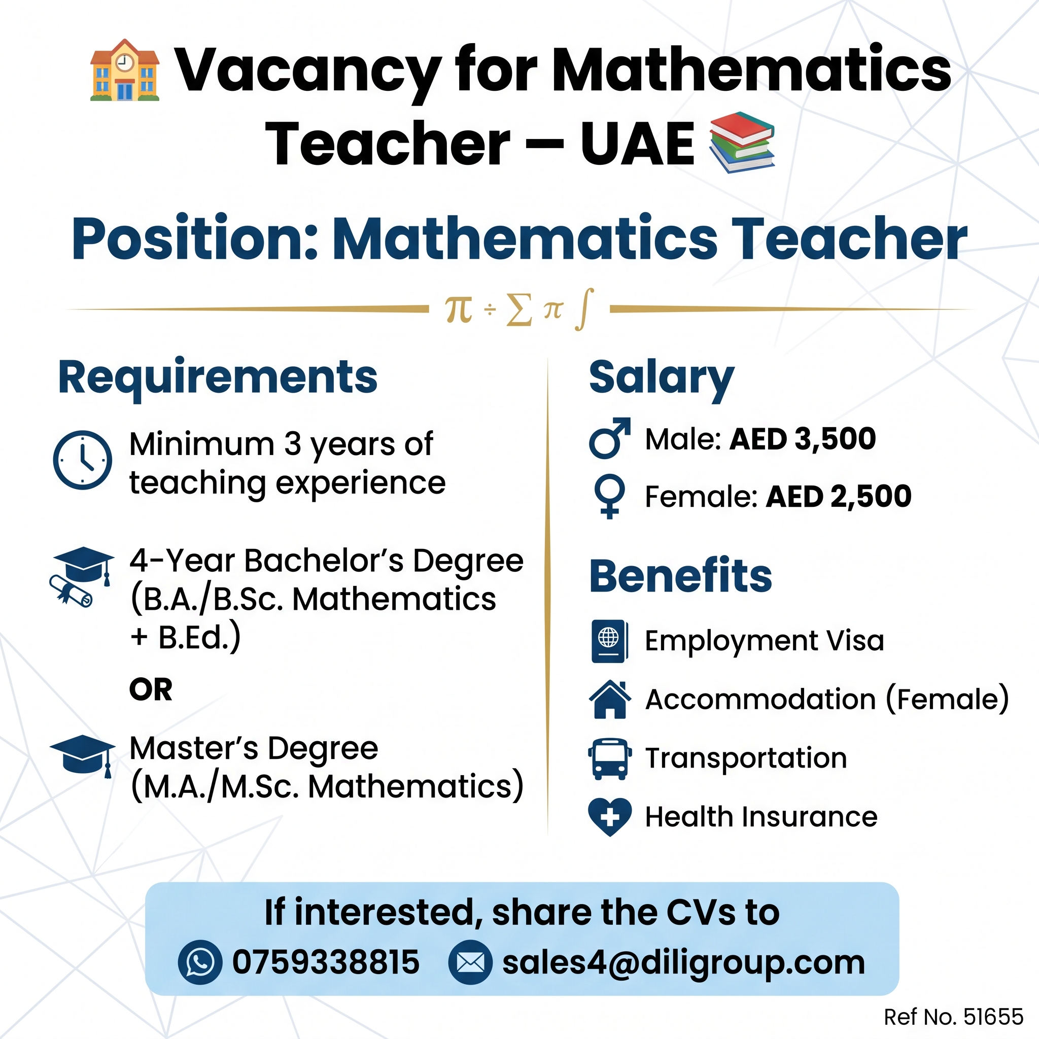 Vacancy for Mathematics Teacher – UAE job image