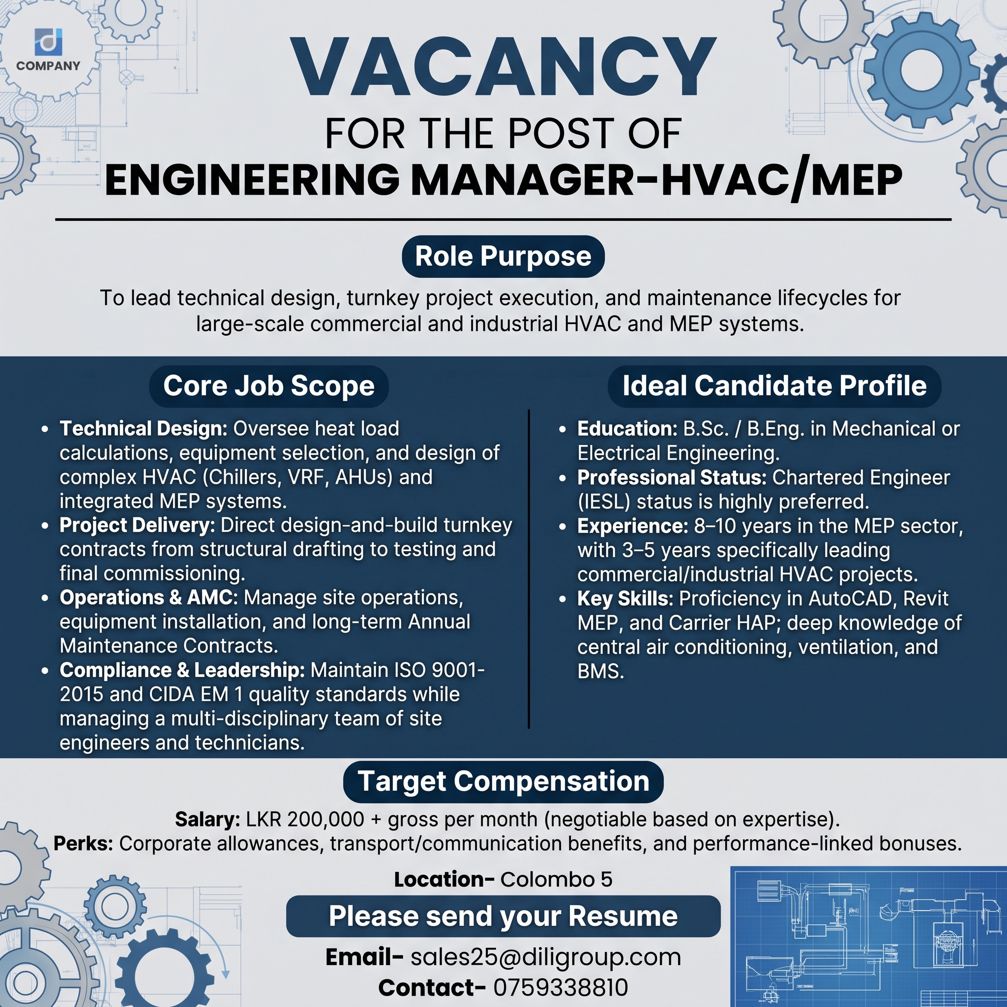 VACANCY FOR THE POST OF ENGINEERING MANAGER–HVAC/MEP