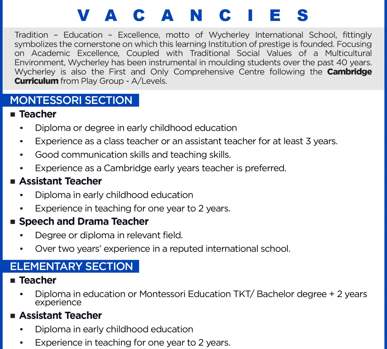 Teacher - Multiple Vacancies job image